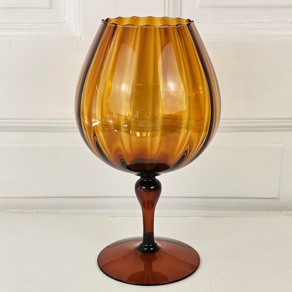 Vintage 1960s MCM Mid century amber brown glass pedestal bowl vase 5 x 12 - Picture 1 of 16